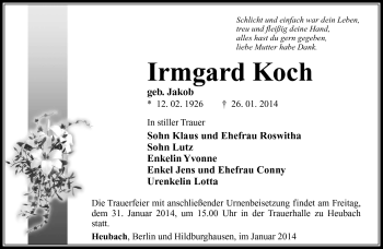 Traueranzeige von Irmgard Koch von Südthüringer Presse