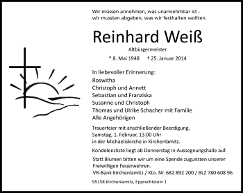 Traueranzeige von Reinhard Weiß von Frankenpost