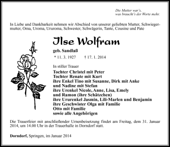 Traueranzeige von Ilse Wolfram von Südthüringer Presse