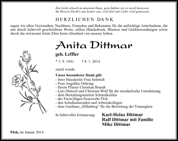 Traueranzeige von Anita Dittmar von Südthüringer Presse