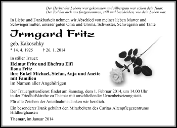 Traueranzeige von Irmgard Fritz von Südthüringer Presse