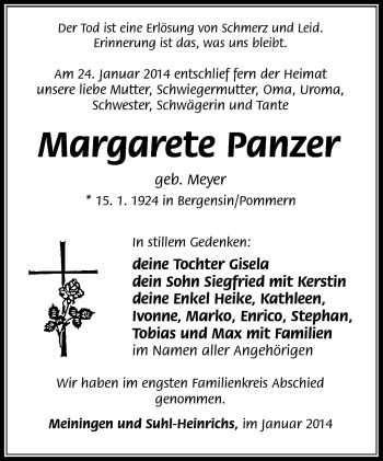 Traueranzeige von Margarete Panzer von Südthüringer Presse