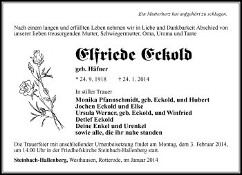 Traueranzeige von Elfriede Eckold von Südthüringer Presse
