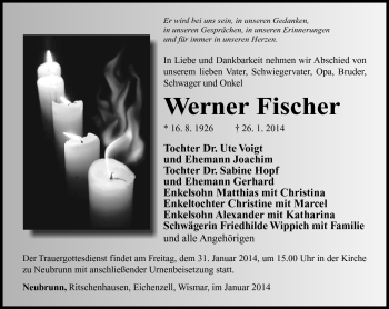 Traueranzeige von Werner Fischer von Südthüringer Presse
