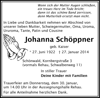 Traueranzeige von Johanna Schöppner von Frankenpost