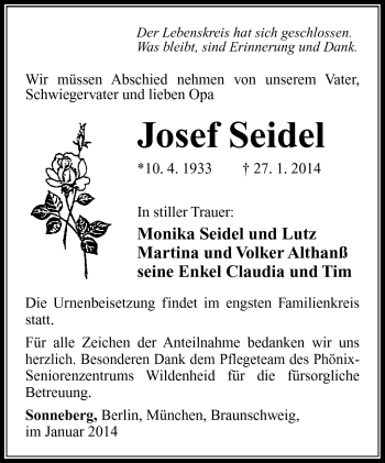 Traueranzeige von Josef Seidel von Südthüringer Presse