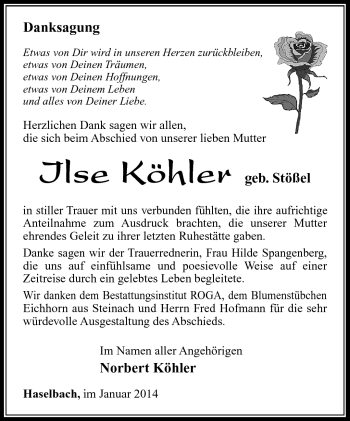 Traueranzeige von Ilse Köhler von Südthüringer Presse