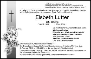 Traueranzeige von Elsbeth Lutter von Neue Presse Coburg