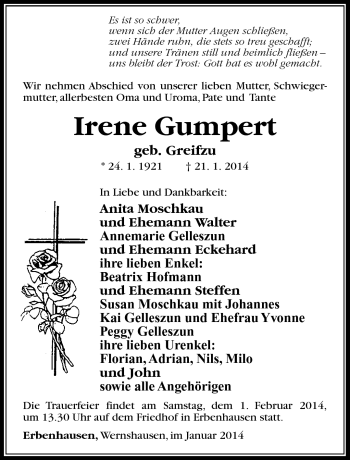 Traueranzeige von Irene Grumpert von Südthüringer Presse