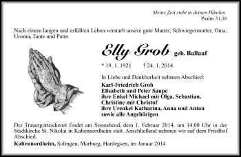 Traueranzeige von Elly Grob von Südthüringer Presse