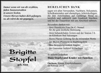 Traueranzeige von Brigitte Stopfel von Südthüringer Presse