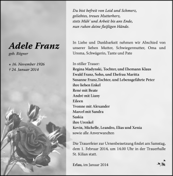 Traueranzeige von Adele Franz von Südthüringer Presse