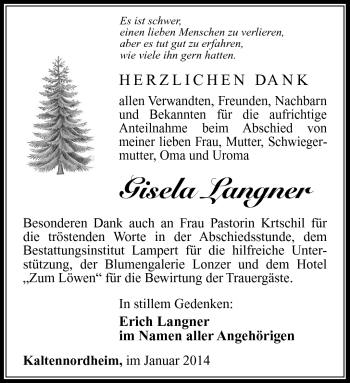 Traueranzeige von Gisela Langner von Südthüringer Presse
