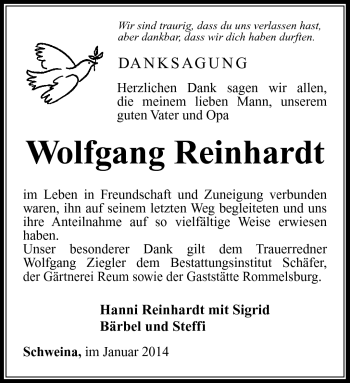 Traueranzeige von Wolfgang Reinhardt von Südthüringer Presse