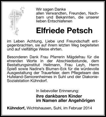 Traueranzeige von Elfriede Petsch von Südthüringer Presse