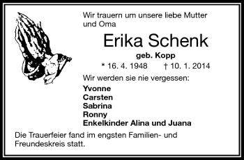 Traueranzeige von Erika Schenk von Frankenpost