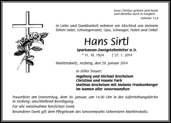 Traueranzeige von Hans Sirtl von Frankenpost