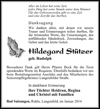 Traueranzeige von Hildegard Stützer von Südthüringer Presse