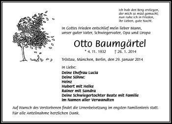 Traueranzeige von Otto Baumgärtel von Frankenpost