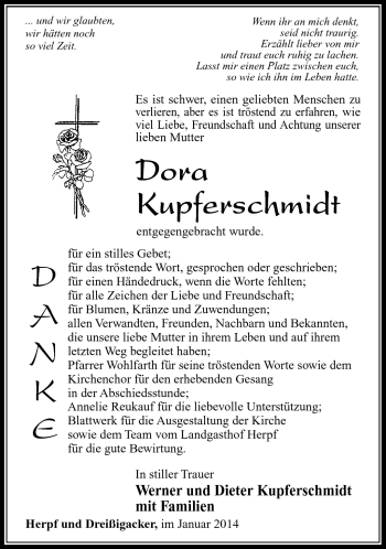 Traueranzeige von Dora Kupferschmidt von Südthüringer Presse
