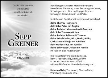 Traueranzeige von Sepp Greiner von Südthüringer Presse