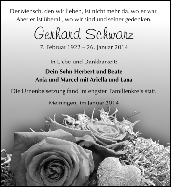 Traueranzeige von Gerhard Schwarz von Südthüringer Presse