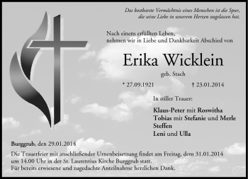 Traueranzeige von Erika Wicklein von Neue Presse Coburg