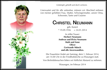 Traueranzeige von Christel Neumann von Südthüringer Presse