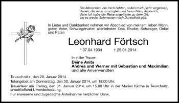 Traueranzeige von Leonhard Förtsch von Neue Presse Coburg