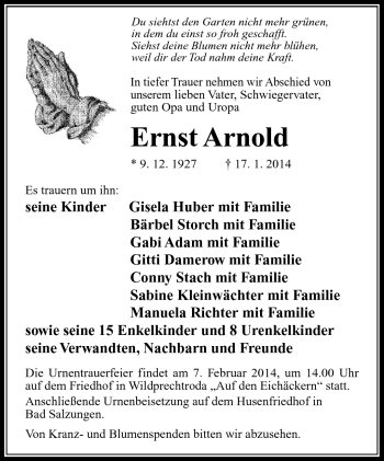 Traueranzeige von Ernst Arnold von Südthüringer Presse