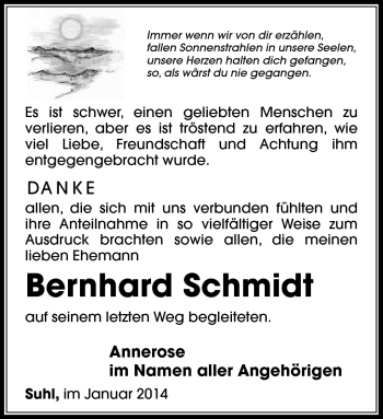 Traueranzeige von Bernhard Schmidt von Südthüringer Presse