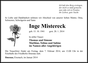 Traueranzeige von Inge Mistereck von Südthüringer Presse