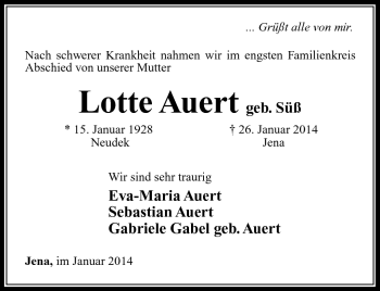 Traueranzeige von Lotte Auert von Südthüringer Presse