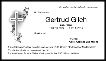 Traueranzeige von Gertrud Gilch von Frankenpost