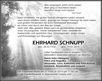 Traueranzeige von Erhard Schnupp von Südthüringer Presse