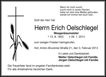 Traueranzeige von Erich Oelschlegel von Frankenpost