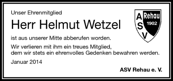 Traueranzeige von Helmut Wetzel von Frankenpost