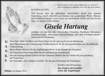 Traueranzeige von Gisela Hartung von Südthüringer Presse