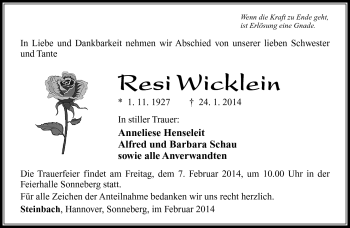 Traueranzeige von Resi Wicklein von Südthüringer Presse