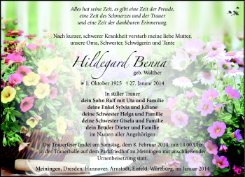 Traueranzeige von Hildegard Benna von Südthüringer Presse