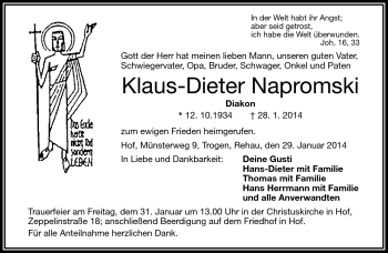 Traueranzeige von Klaus-Dieter Napromski von Frankenpost