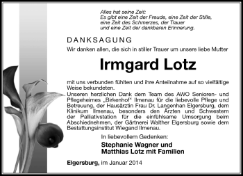 Traueranzeige von Irmgard Lotz von Südthüringer Presse