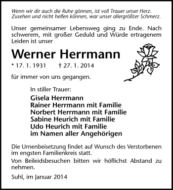 Traueranzeige von Werner Herrmann von Südthüringer Presse