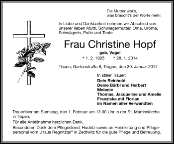 Traueranzeige von Christine Hopf von Frankenpost
