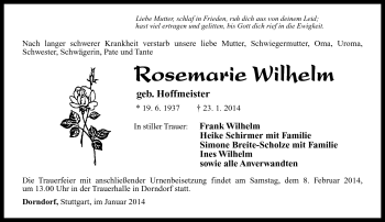 Traueranzeige von Rosemarie Wilhelm von Südthüringer Presse