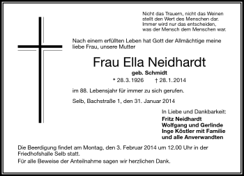 Traueranzeige von Ella Neidhardt von Frankenpost