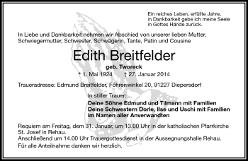 Traueranzeige von Edith Breitfelder von Frankenpost