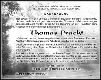 Traueranzeige von Thomas Pracht von Südthüringer Presse