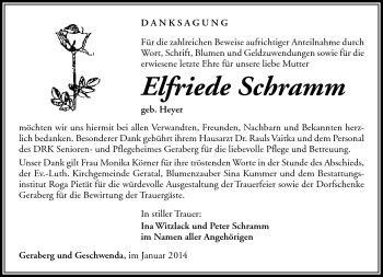 Traueranzeige von Elfriede Schramm von Südthüringer Presse