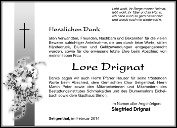 Traueranzeige von Lore Drignat von Südthüringer Presse